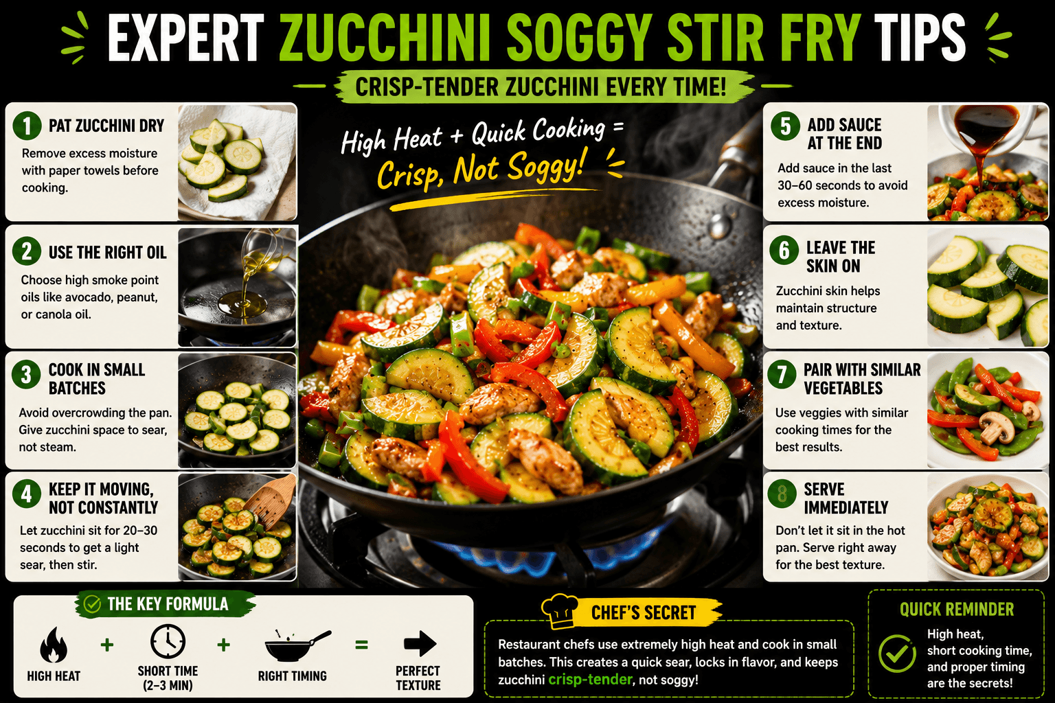 Expert zucchini soggy stir fry tips showing crisp-tender zucchini cooking over high heat in a wok