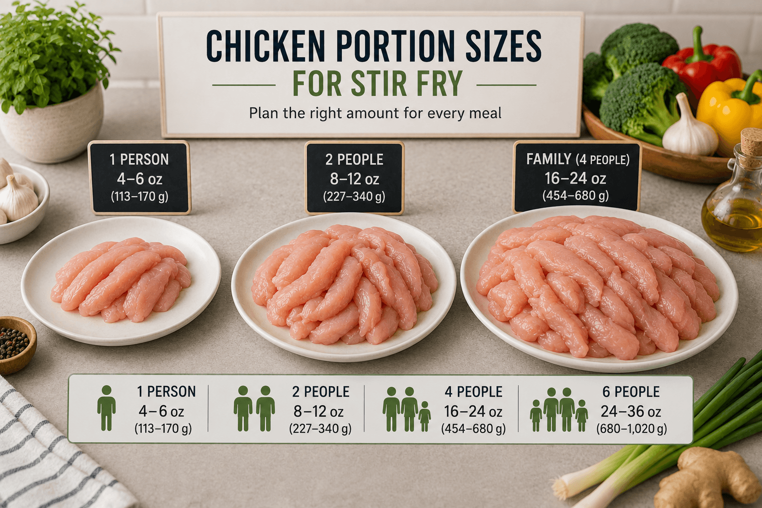 Different chicken portion sizes prepared for one person, two people, and a family before cooking stir fry