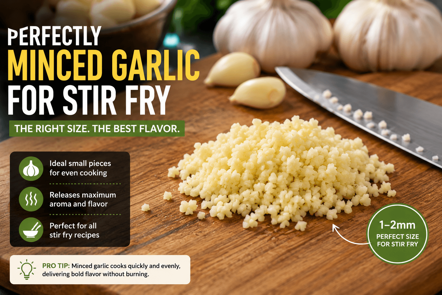 Perfectly minced garlic showing the ideal size for stir fry cooking