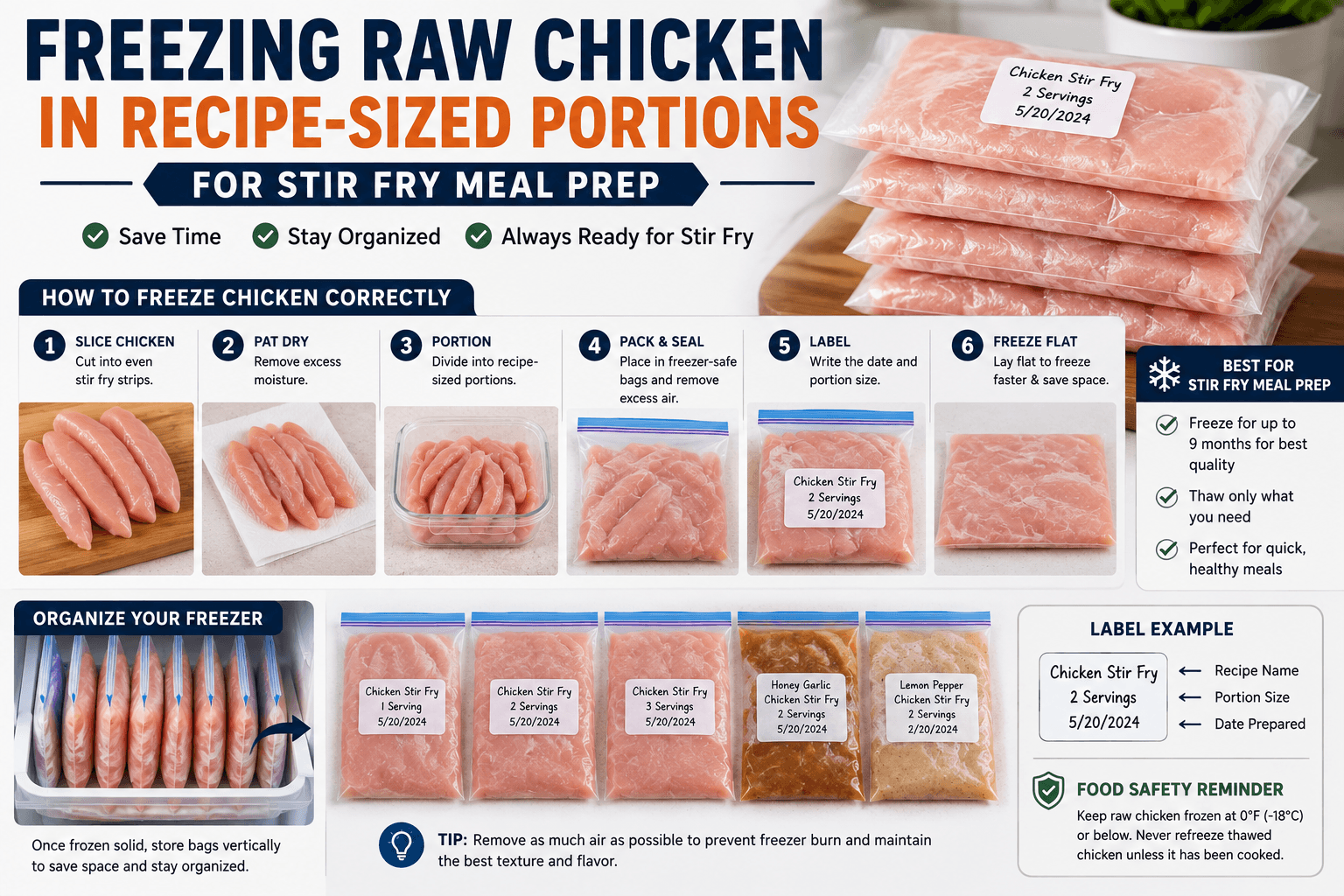 Freezing raw chicken in recipe-sized portions for stir fry meal prep