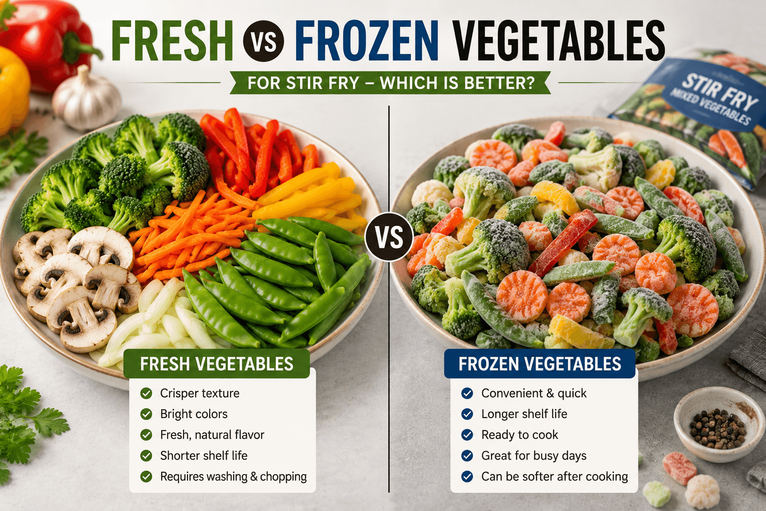 Side by side comparison of fresh vegetables and frozen vegetables prepared for homemade stir fry cooking