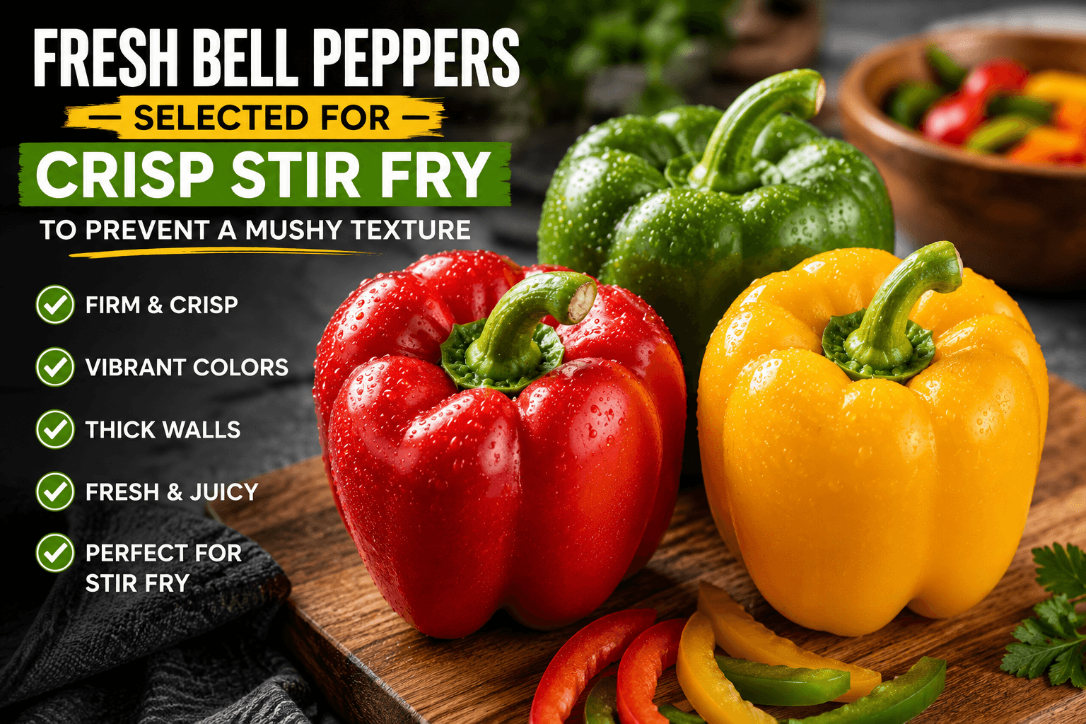 Fresh red yellow and green bell peppers selected for stir fry to prevent a mushy texture