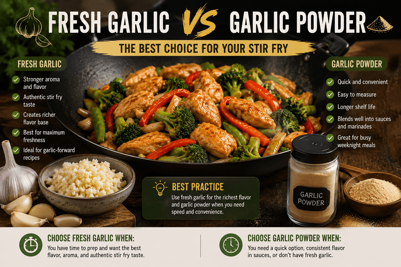 Fresh garlic and garlic powder beside a homemade chicken stir fry illustrating the best choice for different cooking situations