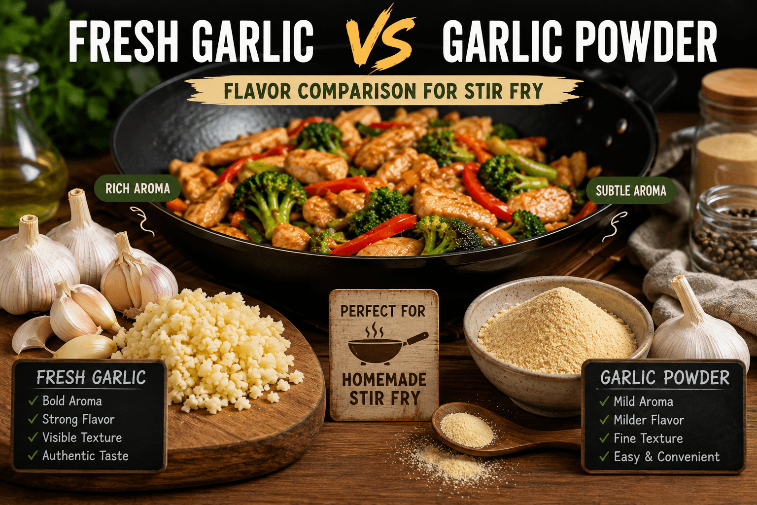 Fresh garlic and garlic powder flavor comparison beside a homemade chicken stir fry showing differences in aroma and appearance