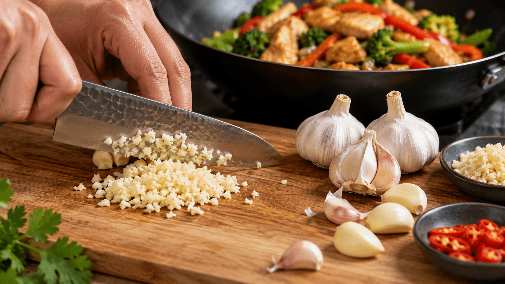 Fresh garlic being finely minced on a cutting board for homemade chicken stir fry