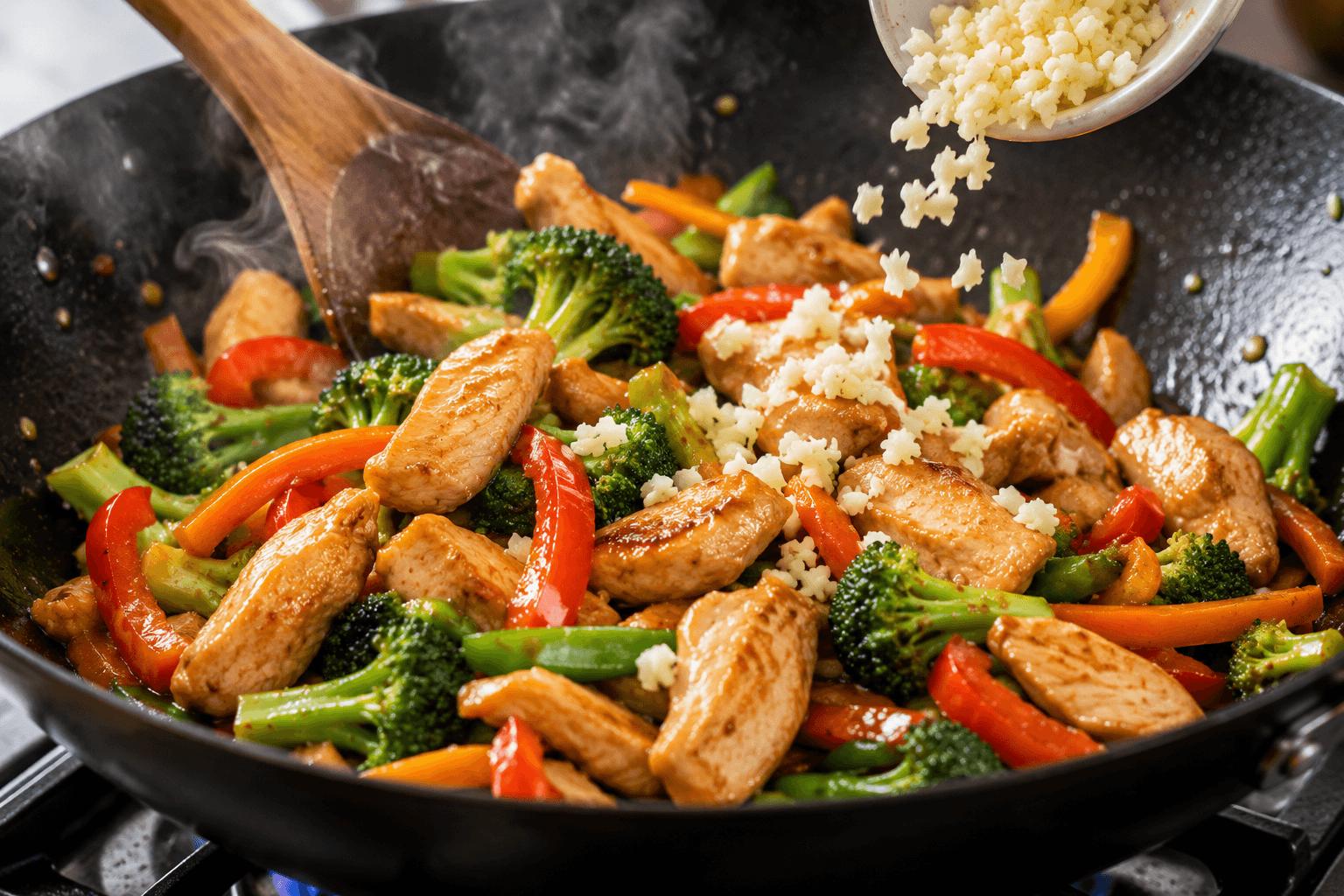 Fresh garlic sizzling in a wok while cooking homemade chicken stir fry with vegetables