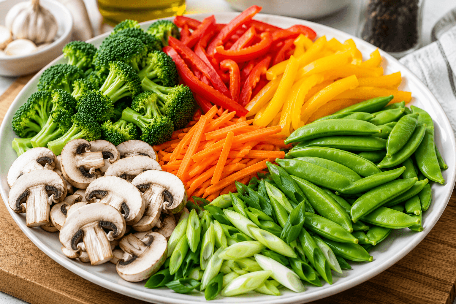 Fresh broccoli bell peppers carrots mushrooms and snap peas prepared for a homemade chicken stir fry