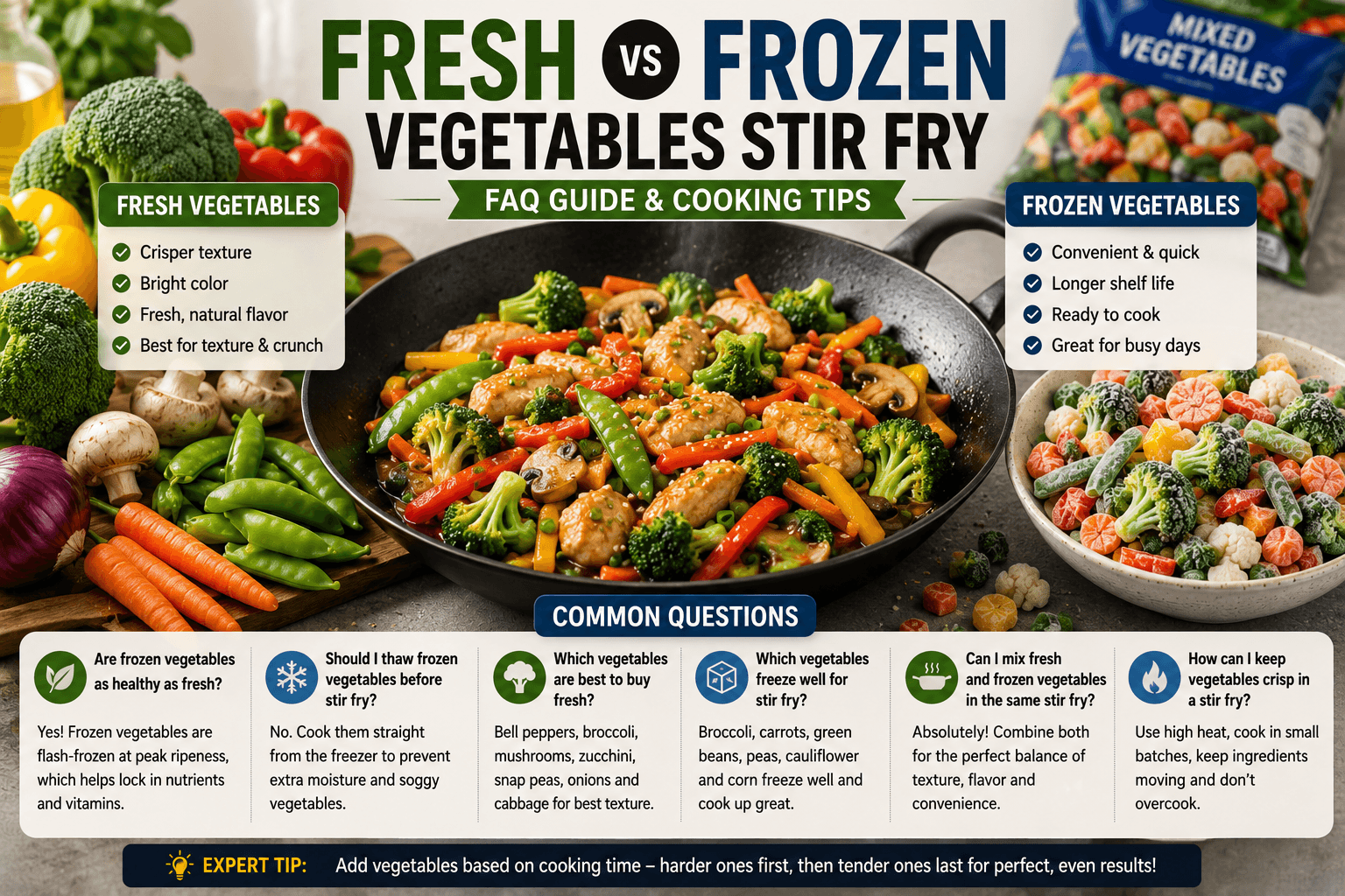 Fresh and frozen vegetables beside a finished chicken stir fry illustrating common questions and cooking tips