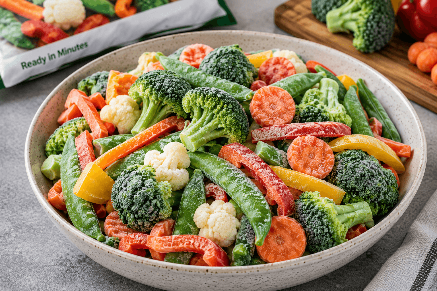 Frozen mixed vegetables including broccoli carrots bell peppers and snap peas ready to cook in a chicken stir fry