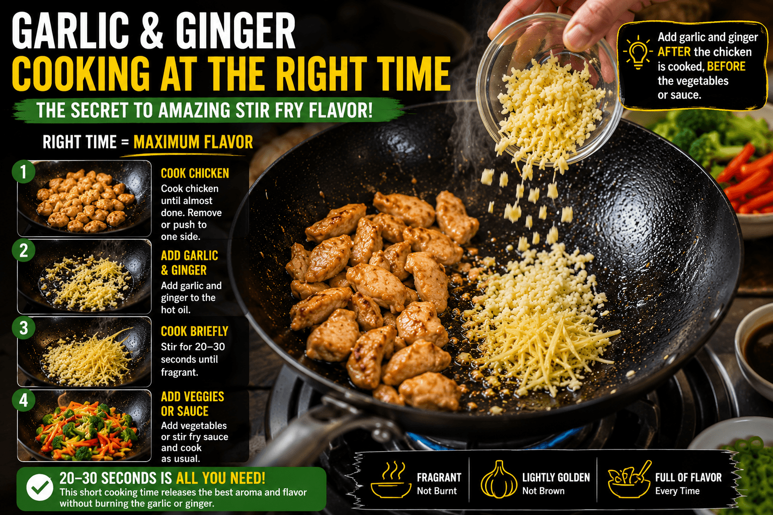 Fresh garlic and ginger being added to a hot wok at the correct time during chicken stir fry cooking
