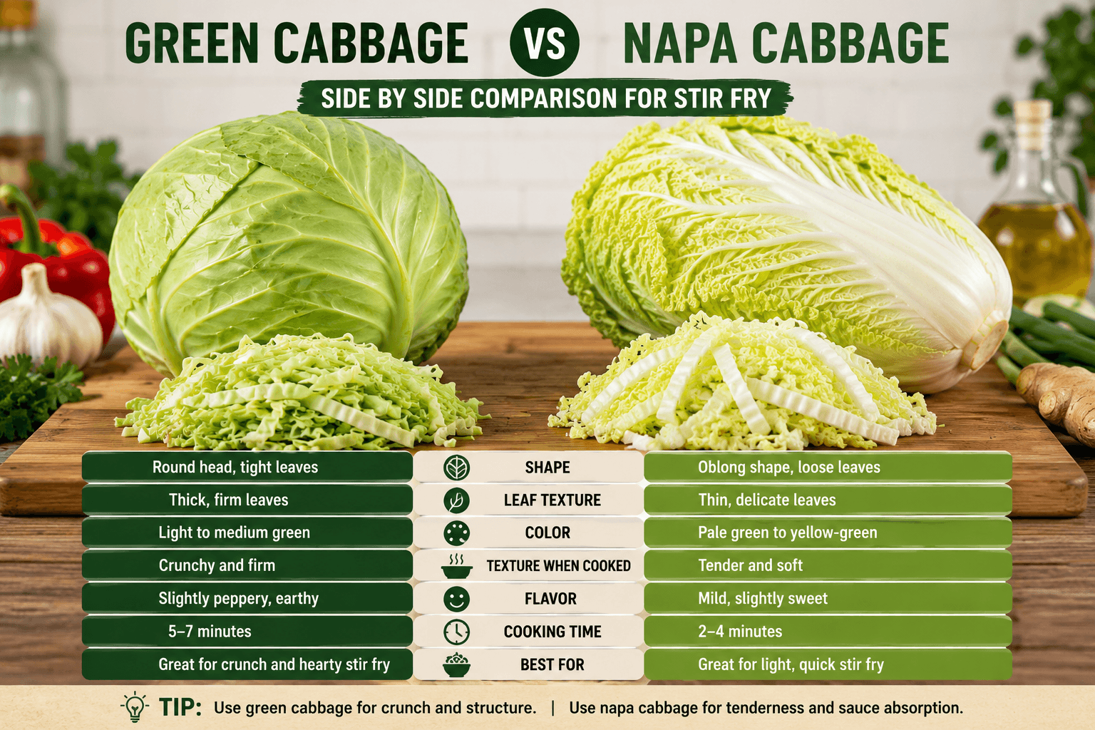 Green cabbage and napa cabbage side by side showing differences in leaf texture shape and color for stir fry
