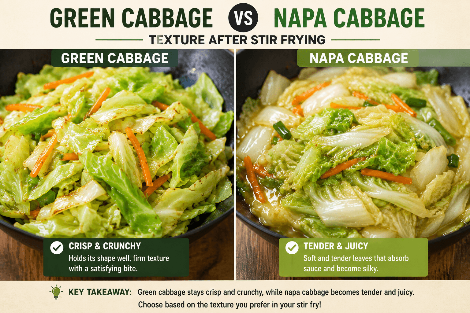 Green cabbage and napa cabbage texture after stir frying showing crisp green cabbage and tender napa cabbage