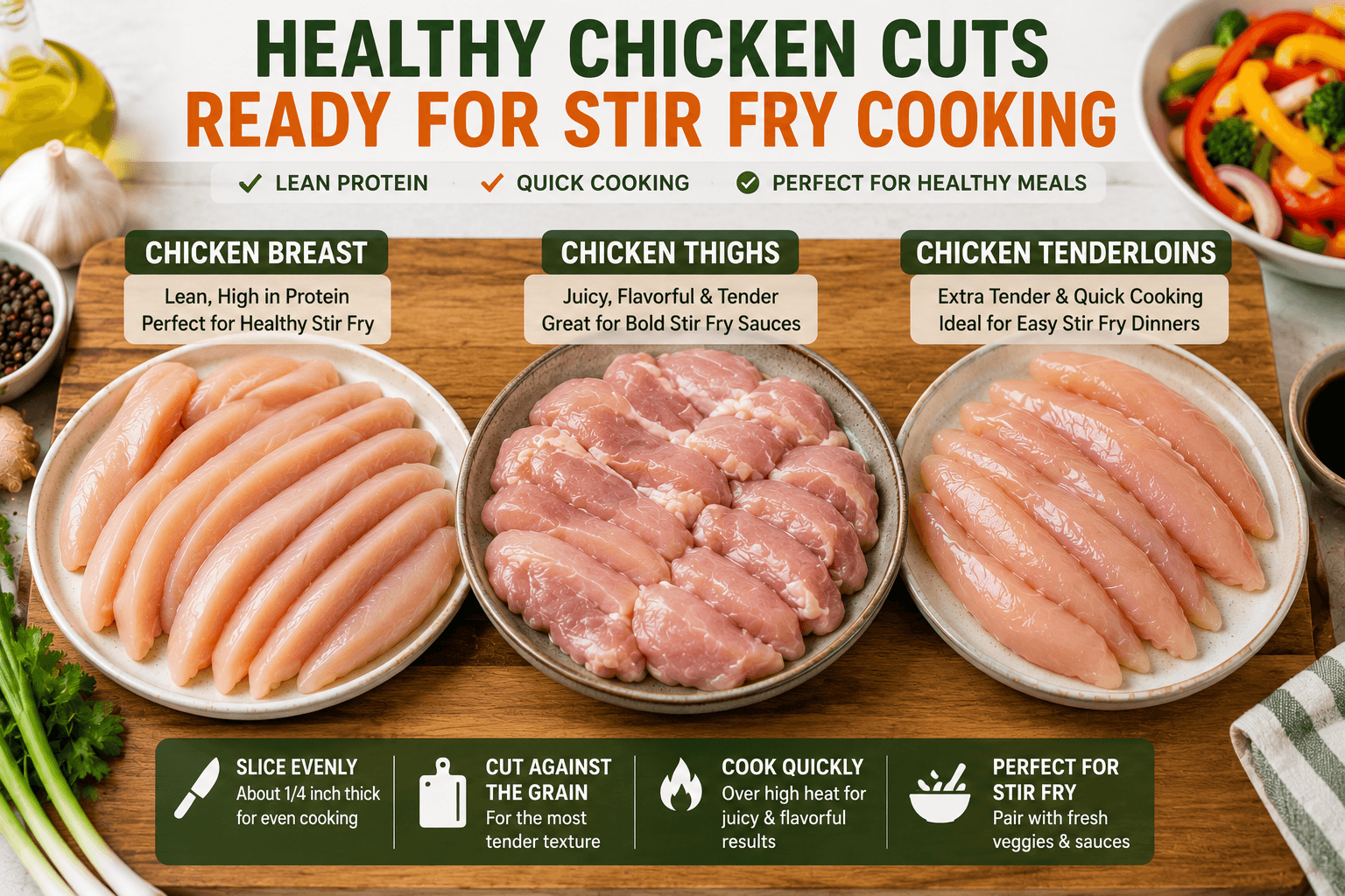 Healthy chicken breast, thighs and tenderloins sliced evenly and ready for stir fry cooking