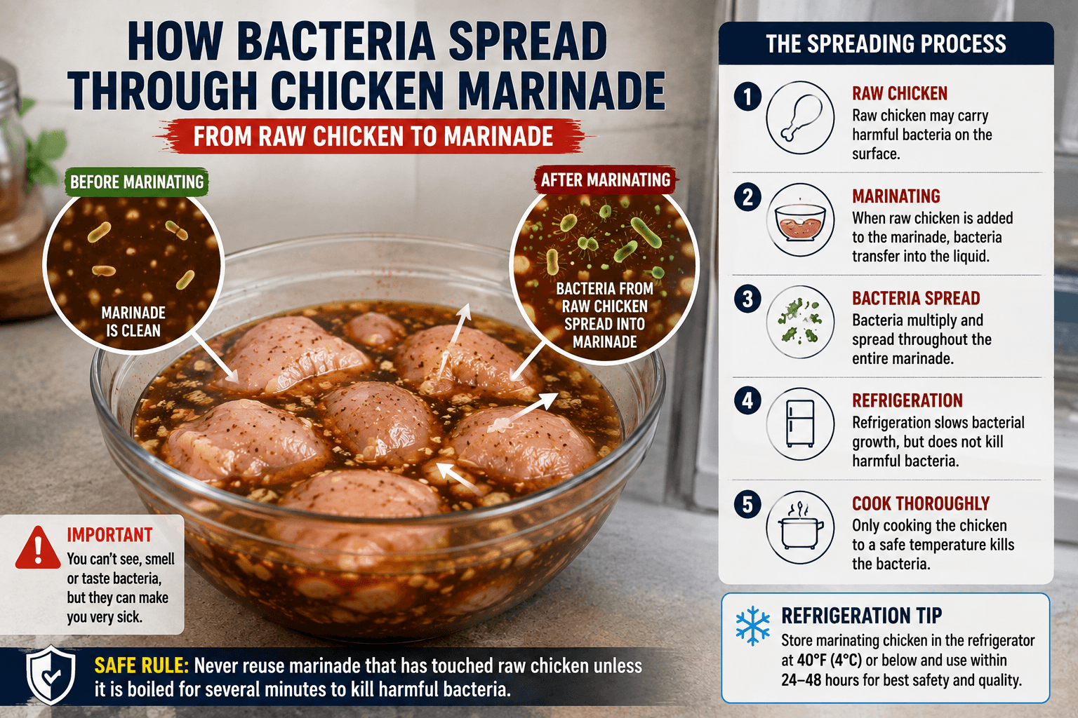 Bacteria spreading from raw chicken into marinade during refrigeration
