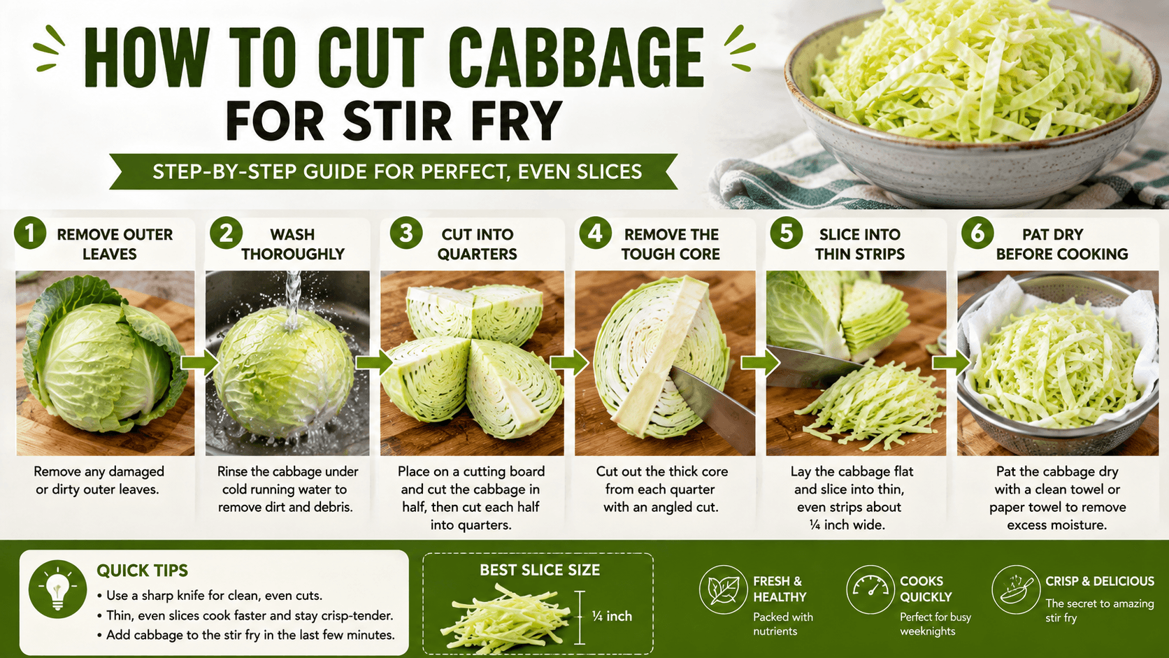 Step by step process to prepare cabbage for stir fry by washing quartering removing the core and slicing thin strips