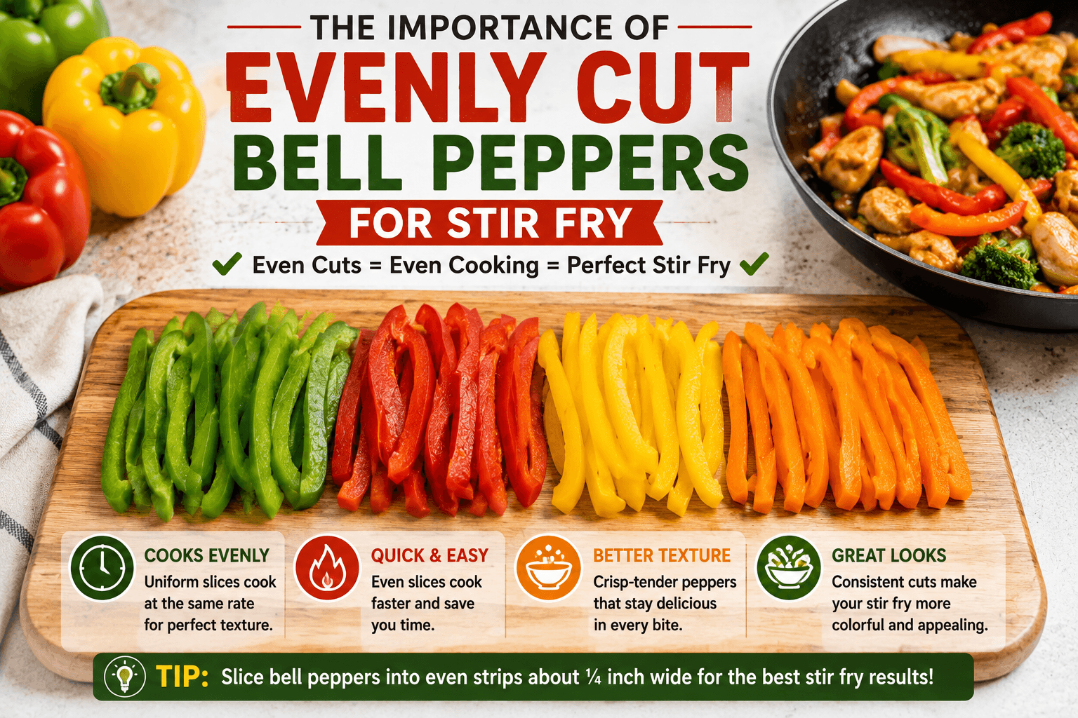 Evenly sliced bell peppers showing the ideal size for stir fry cooking