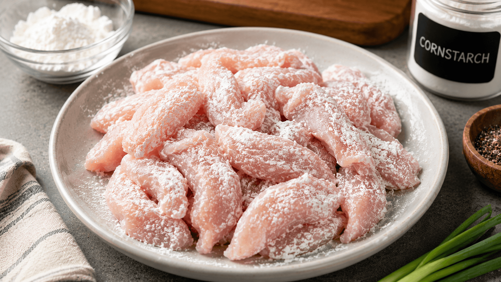 Chicken pieces lightly coated with cornstarch before cooking crispy chicken stir fry