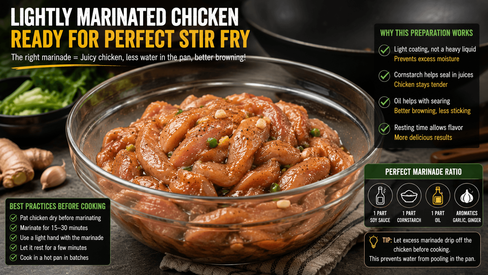 Lightly marinated chicken prepared correctly to prevent chicken releasing water during stir fry