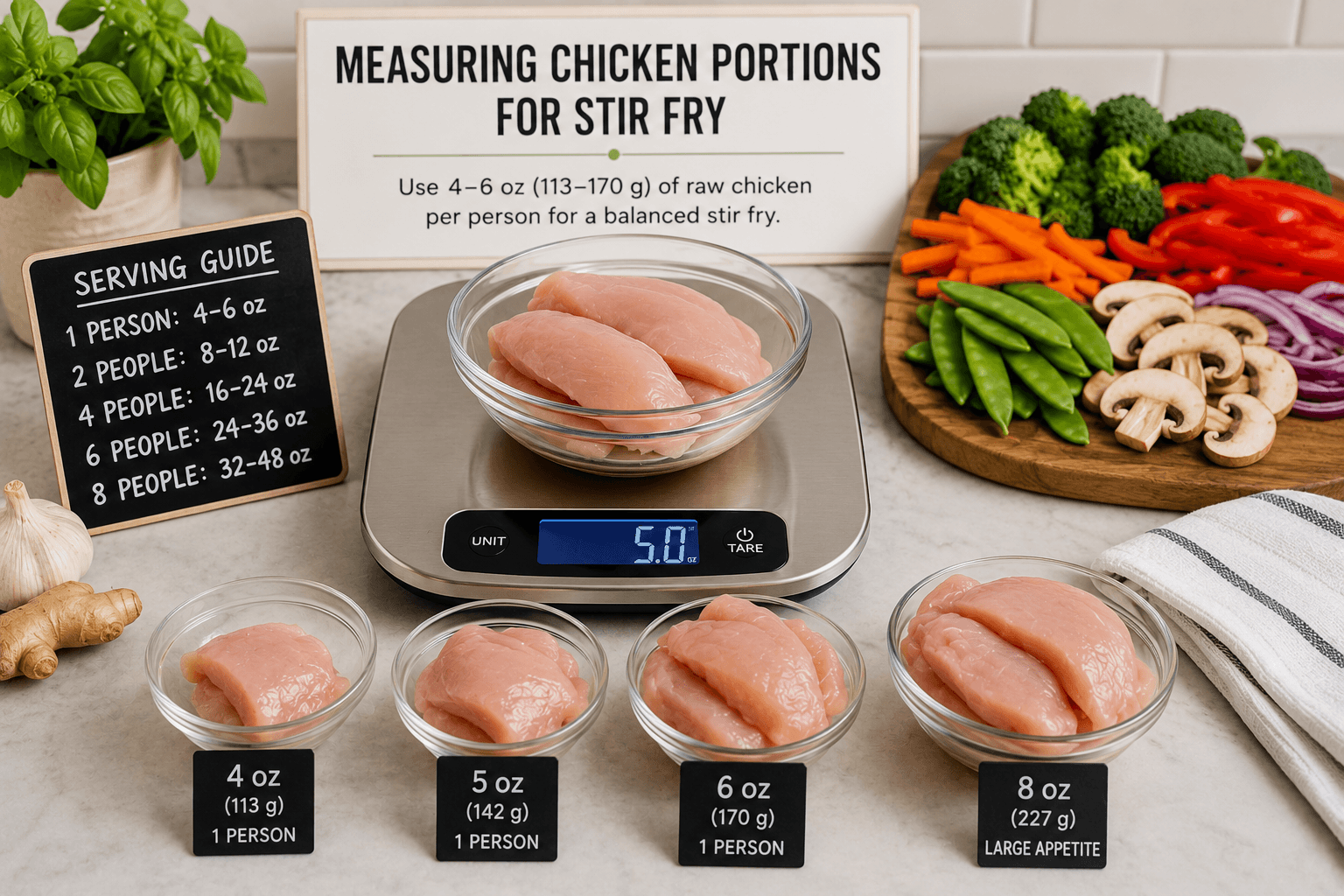 Kitchen scale measuring raw chicken portions before preparing a chicken per person stir fry meal