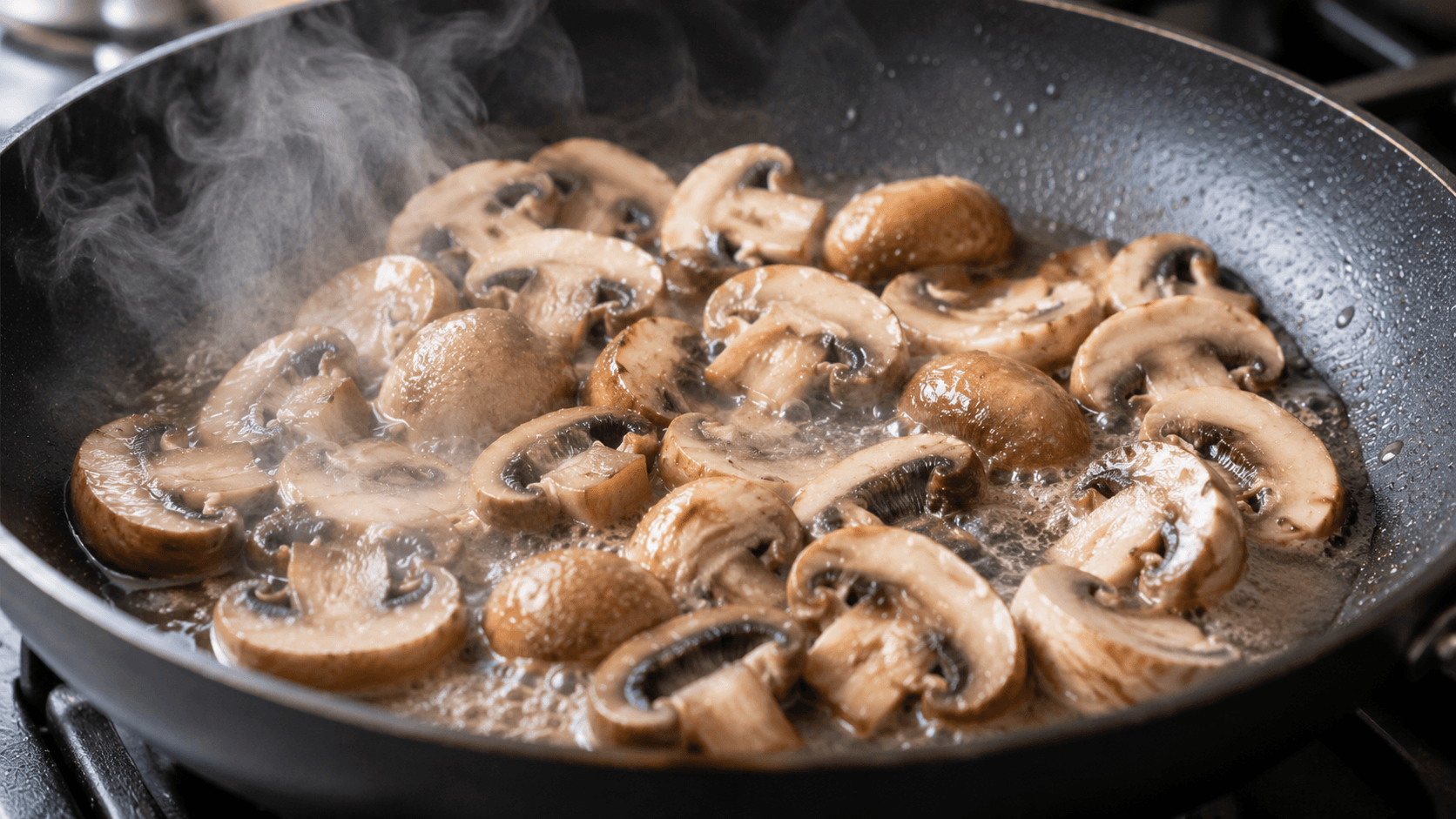 Fresh mushrooms releasing moisture while cooking in a skillet before browning