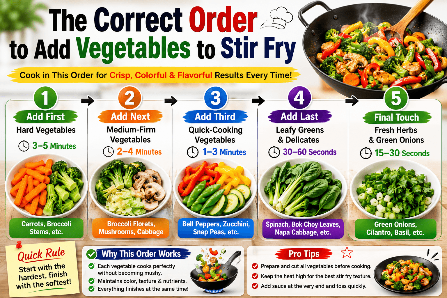 Correct order to add vegetables stir fry showing hard vegetables medium vegetables quick cooking vegetables and leafy greens