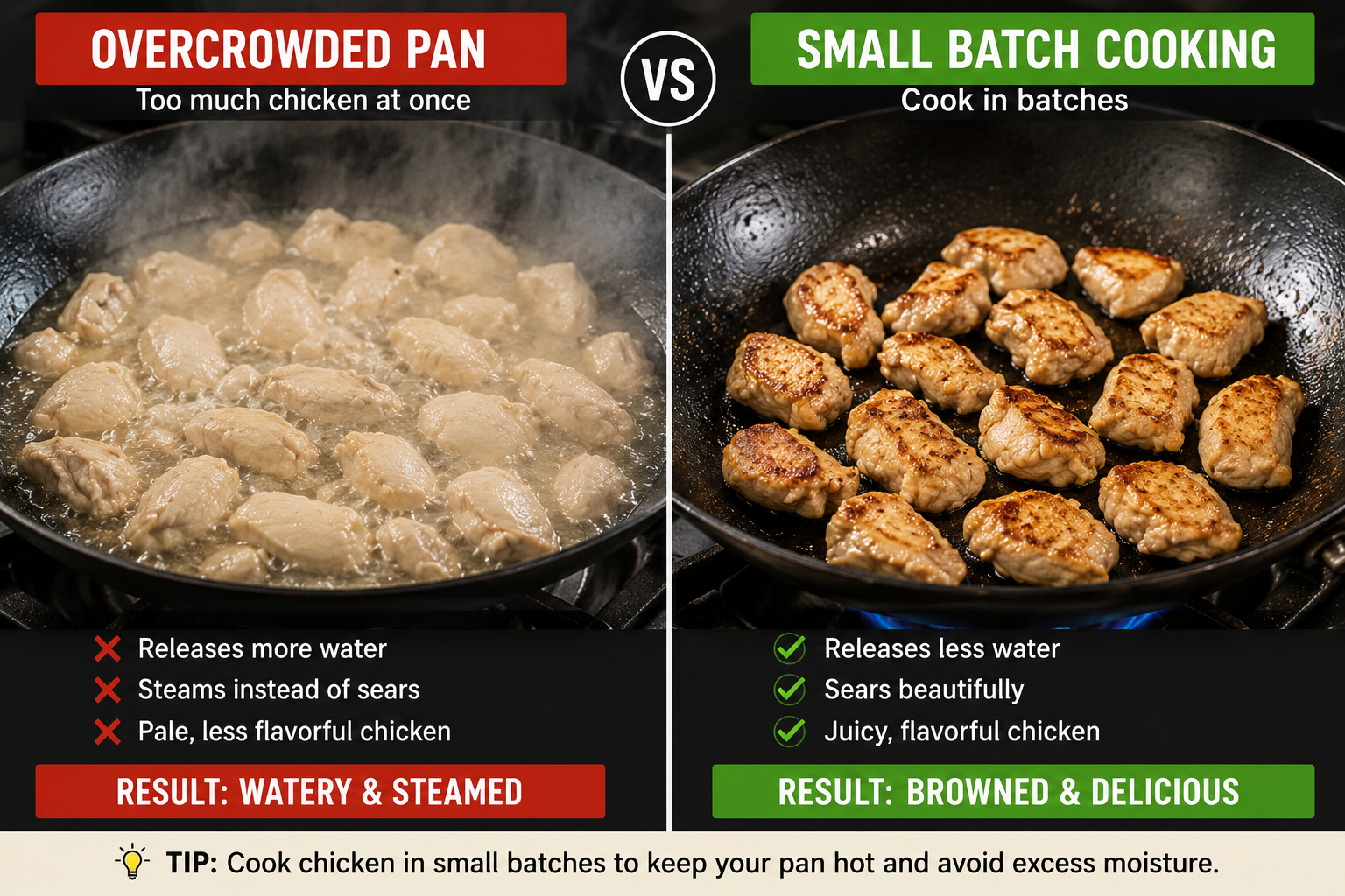 Comparison of overcrowded chicken pan versus cooking chicken in small batches for stir fry