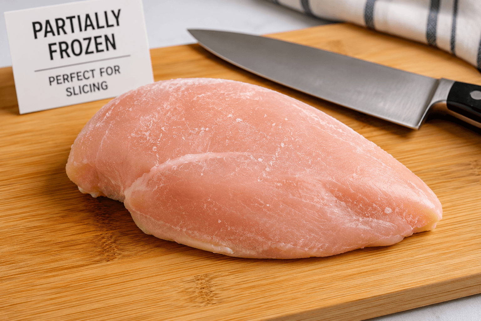 Partially frozen chicken breast resting on a cutting board ready to slice for stir fry