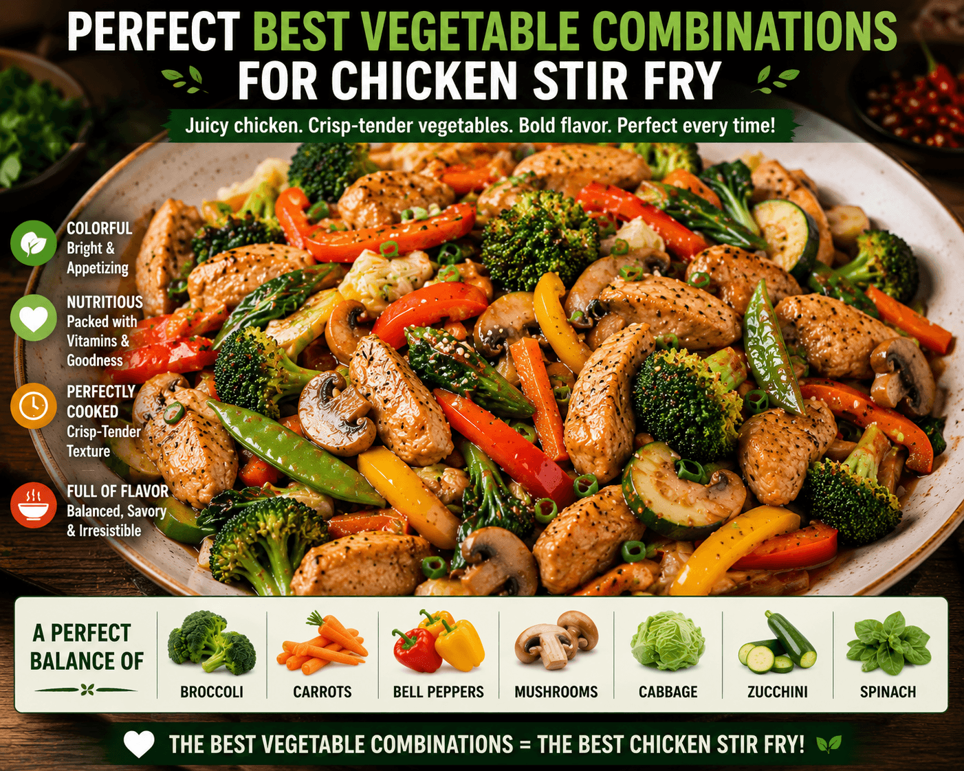 Perfect best vegetable combinations stir fry served with juicy chicken and colorful crisp tender vegetables