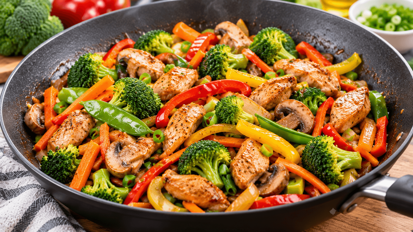 Perfect homemade chicken stir fry featuring the best vegetables including broccoli bell peppers carrots mushrooms and snap peas