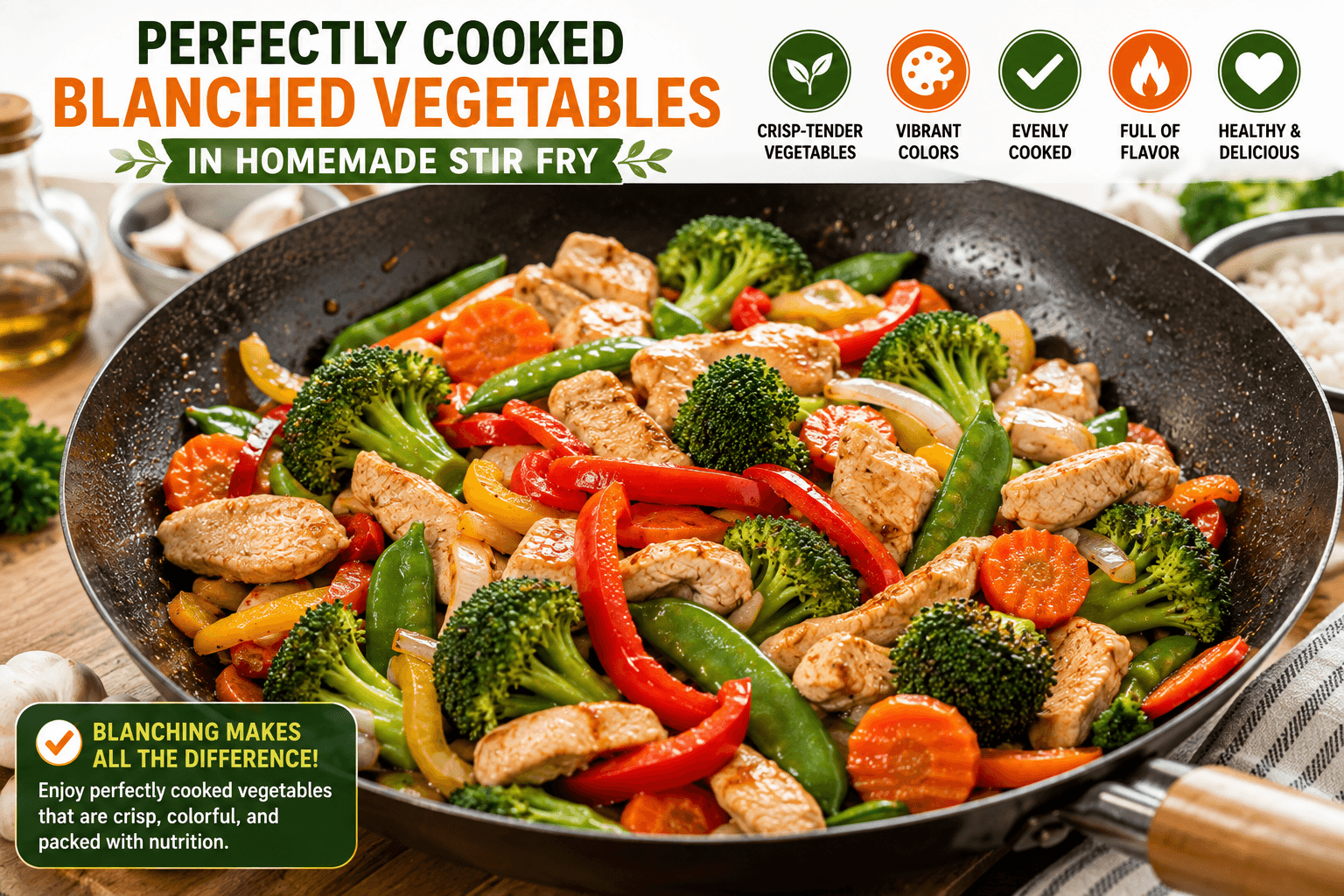 Perfect homemade chicken stir fry made with properly blanched vegetables that are colorful crisp tender and evenly cooked