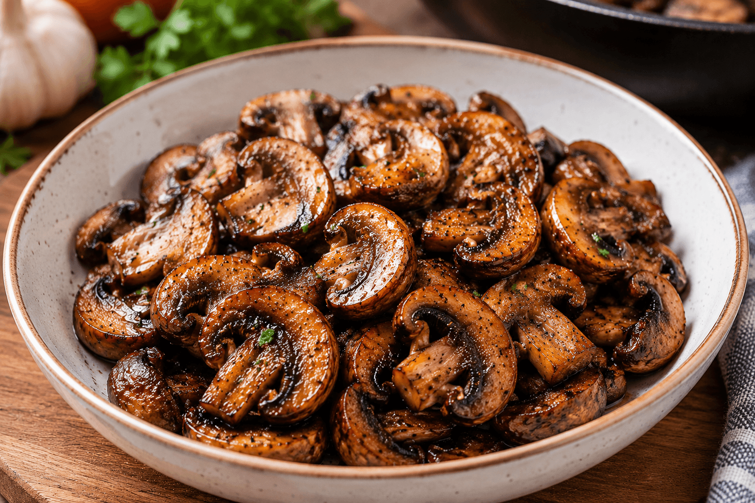 Perfectly cooked browned mushrooms ready to add to a homemade chicken stir fry