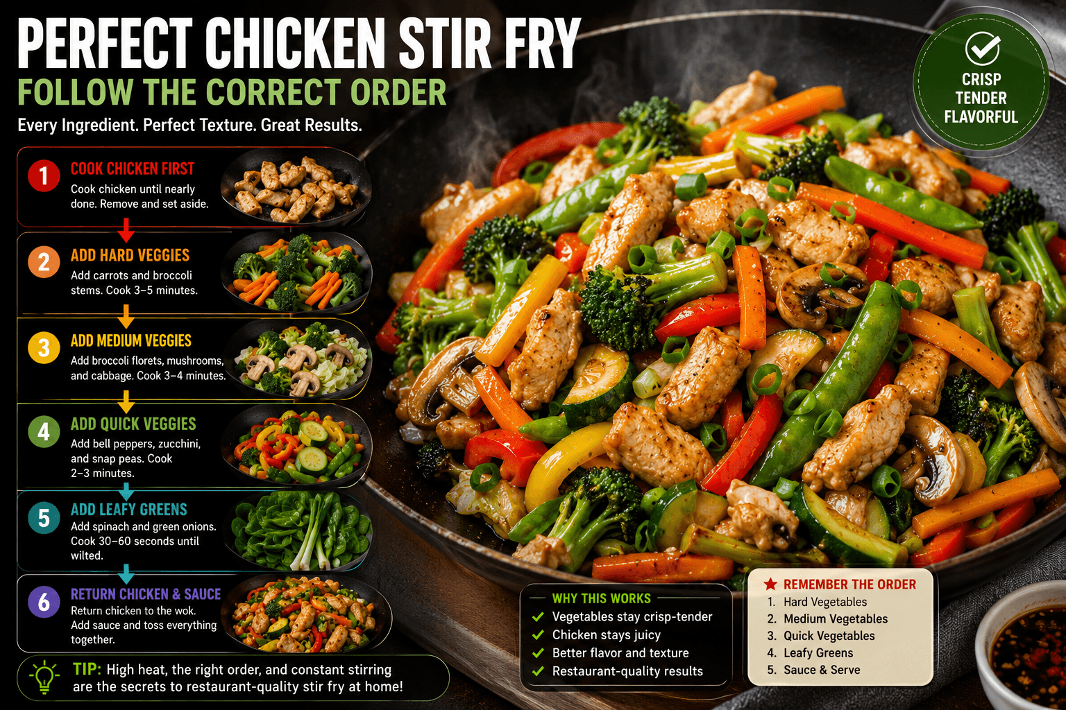 Perfect chicken stir fry made by following the correct order to add vegetables stir fry