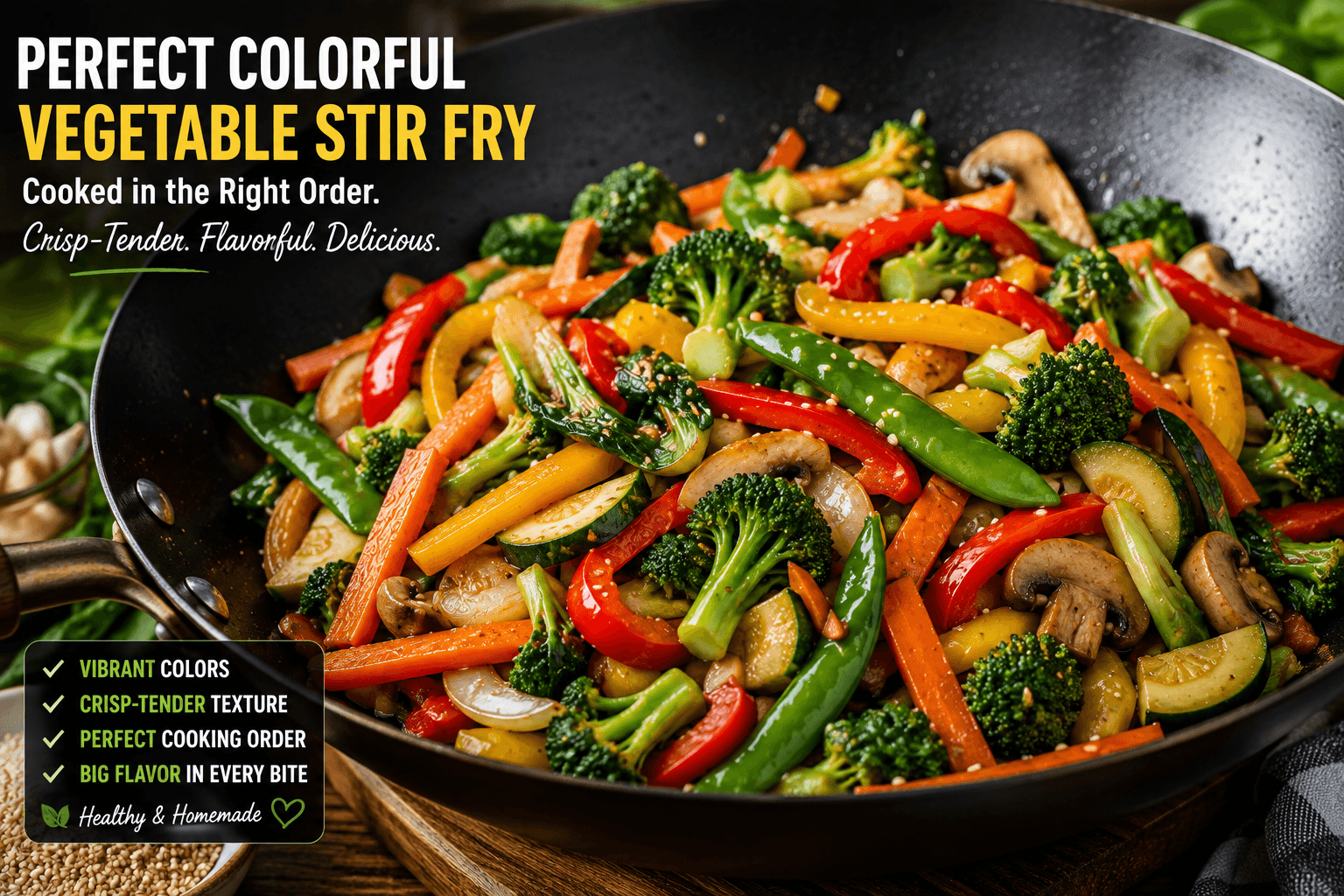 Perfect colorful vegetable stir fry made using the correct order to add vegetables stir fry