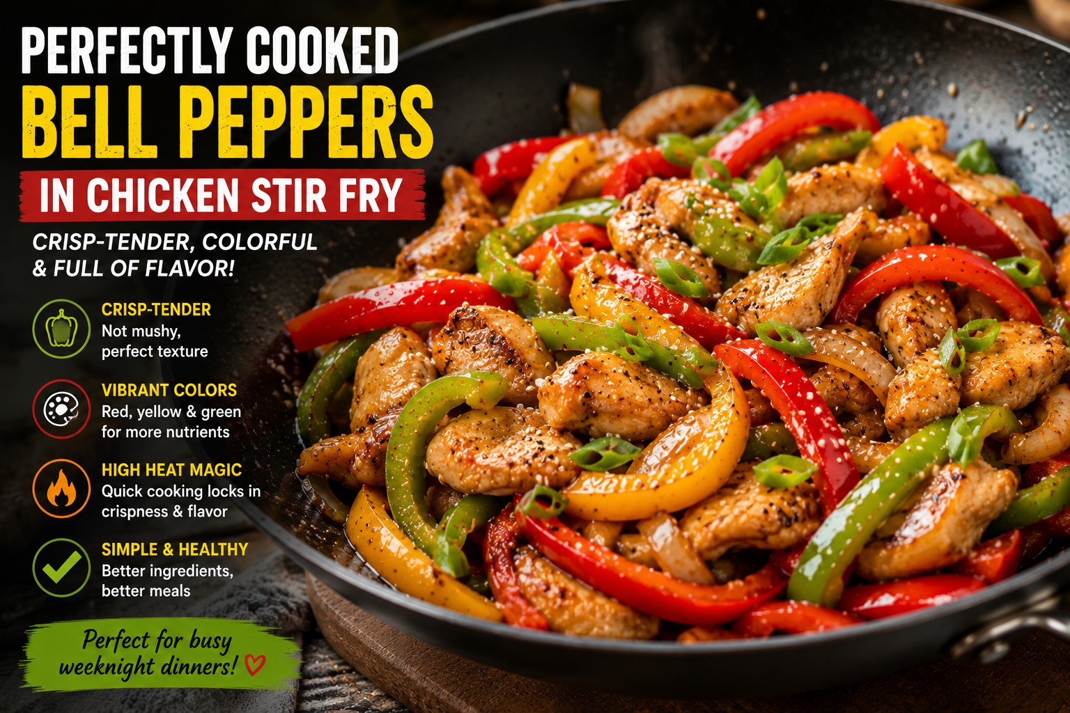 Perfectly cooked bell peppers that remain crisp-tender in a homemade chicken stir fry