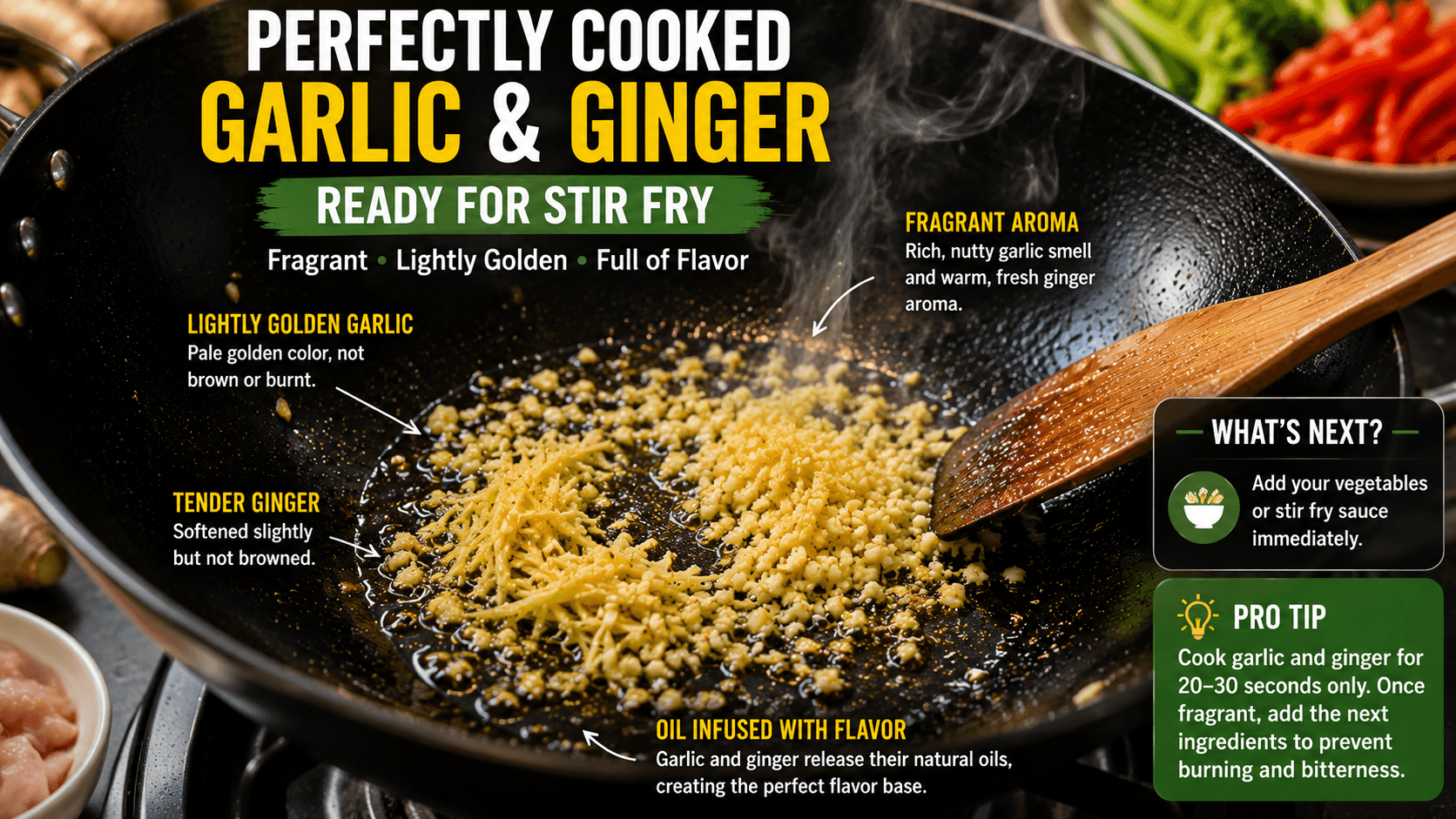 Perfectly cooked garlic and ginger becoming fragrant before vegetables are added to a chicken stir fry