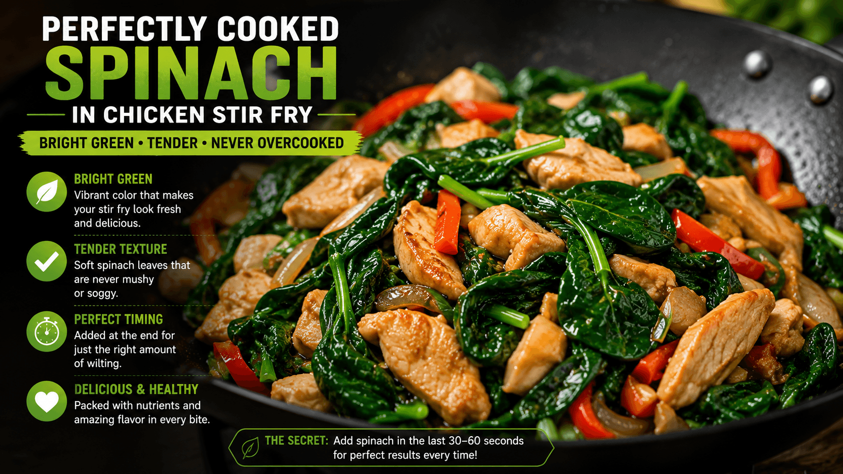 Perfectly cooked spinach in a homemade chicken stir fry showing bright green tender spinach without overcooking