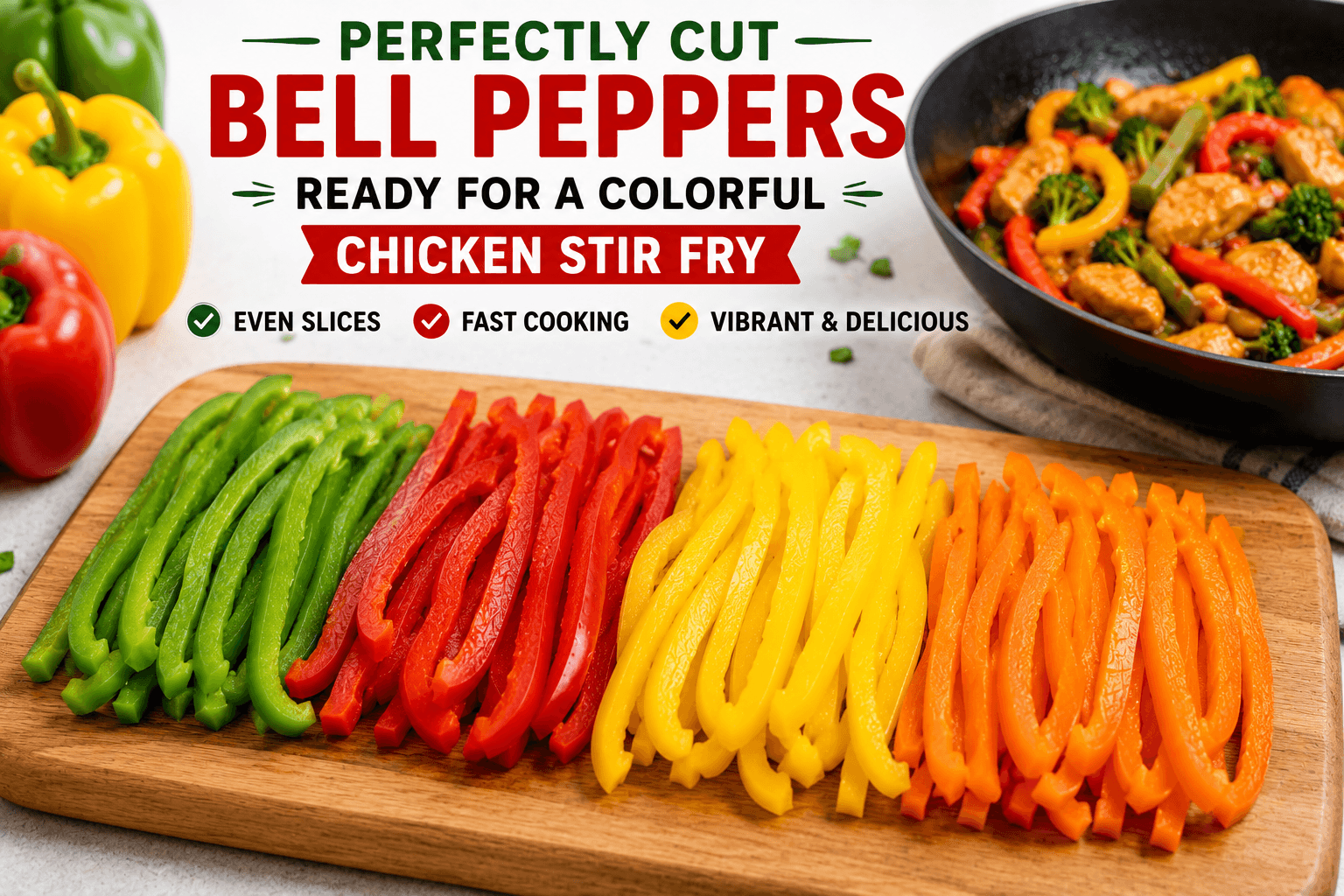 Perfectly cut bell peppers ready to cook in a colorful homemade chicken stir fry
