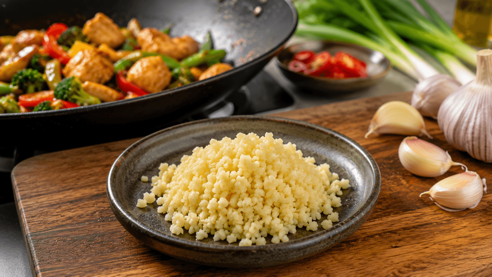 Perfectly minced garlic ready to add to a homemade chicken stir fry for maximum flavor