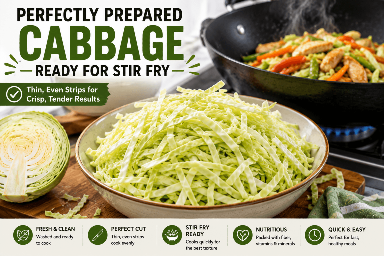 Perfectly prepared cabbage for stir fry sliced into thin even strips and ready to cook in a hot wok