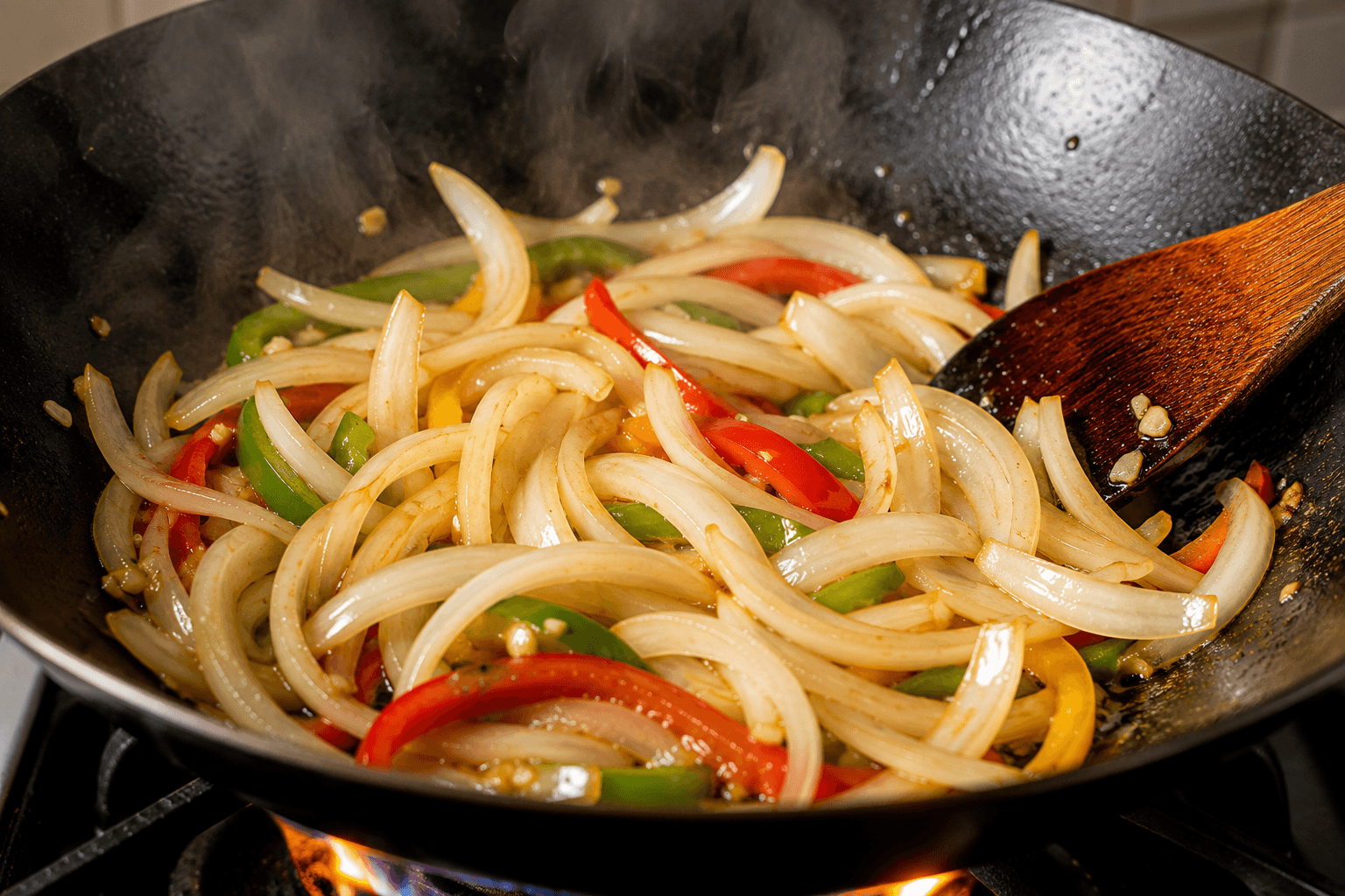 Perfectly sliced onions cooking in a hot wok for stir fry with vegetables beginning to soften evenly