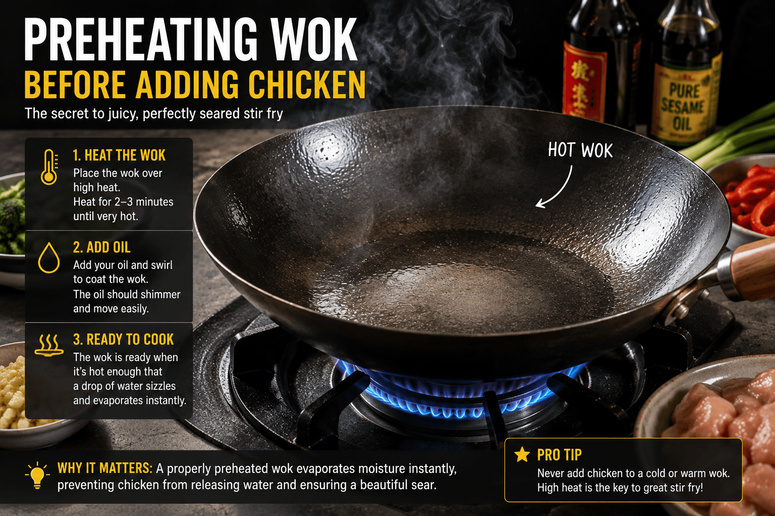 Properly preheating a wok before adding chicken for stir fry