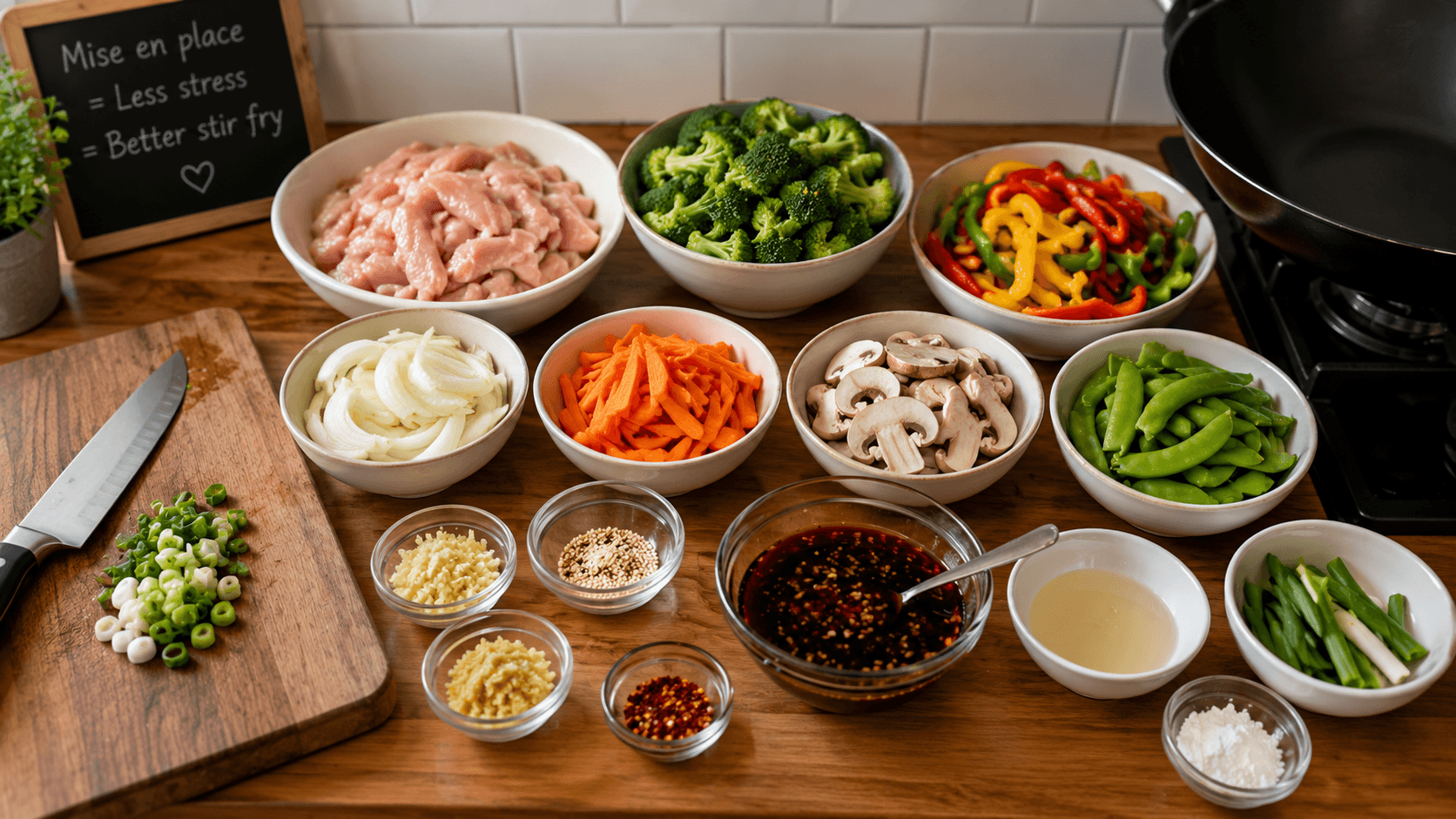 Preparing chicken vegetables and stir fry sauce before cooking to avoid common chicken stir fry mistakes