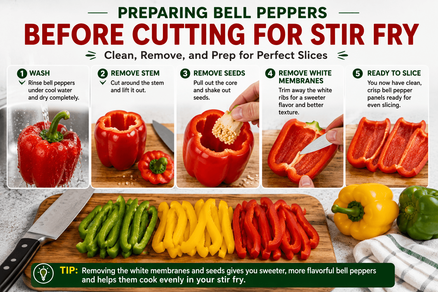 Preparing bell peppers by removing the stem seeds and white membranes before slicing for stir fry