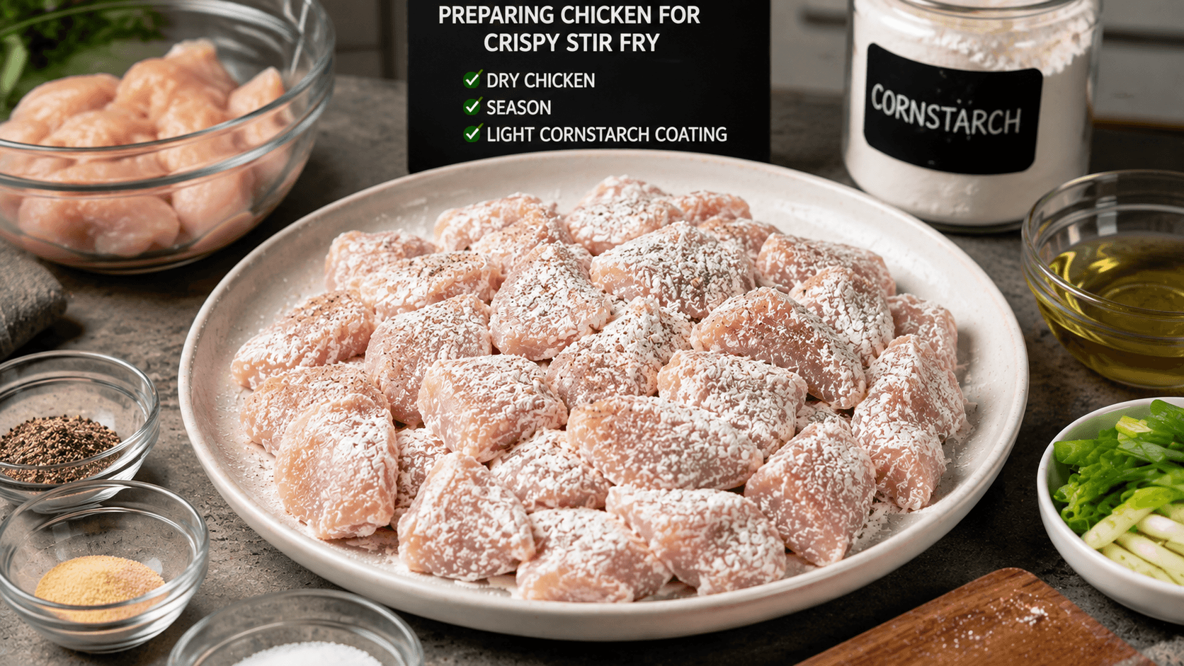 Preparing chicken with seasoning and a light cornstarch coating for crispy chicken stir fry