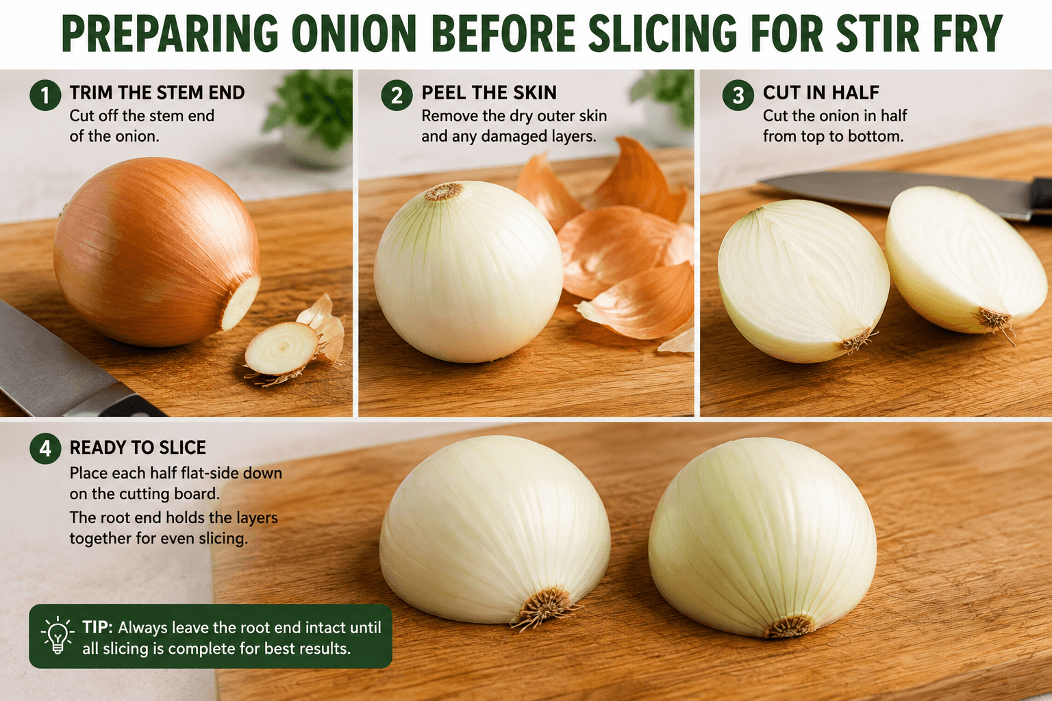 Preparing an onion before slicing for stir fry by trimming the stem peeling the skin and cutting the onion in half