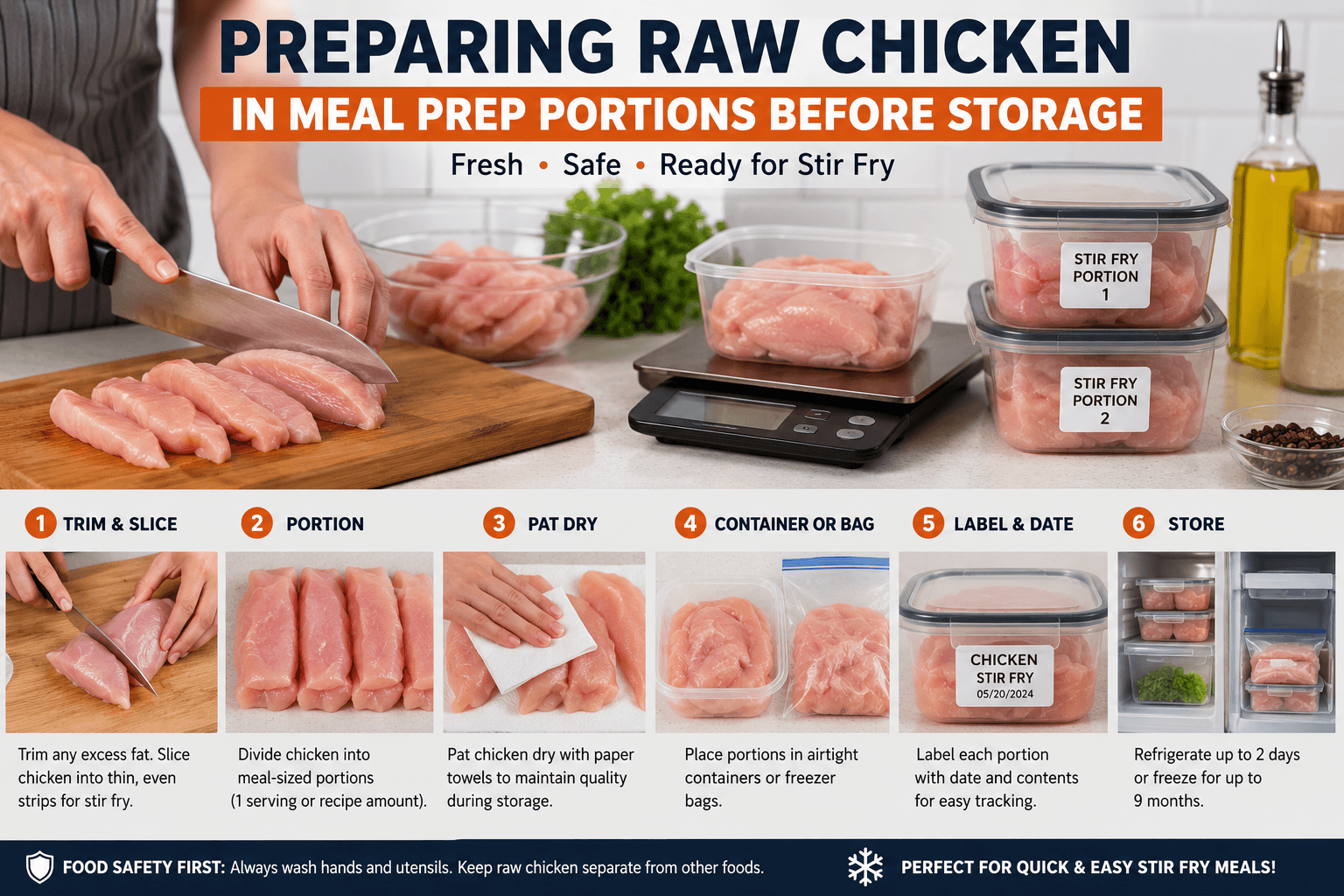 Preparing raw chicken in meal prep portions before storing for stir fry
