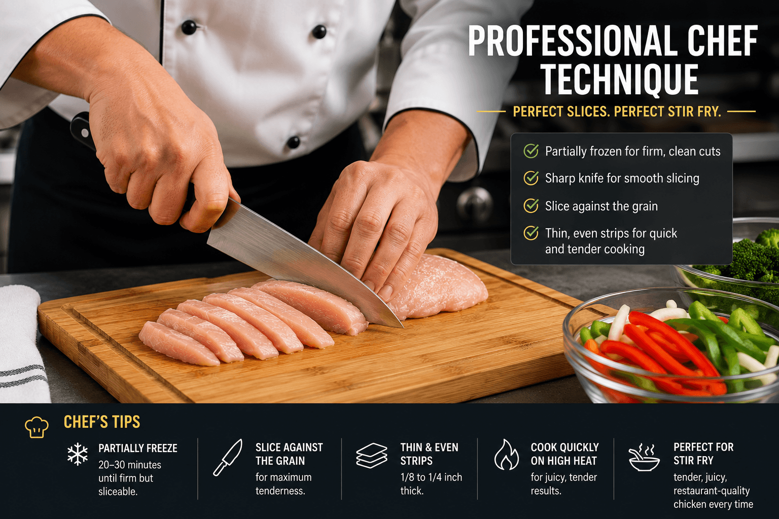 Professional chef slicing partially frozen chicken into thin strips for stir fry