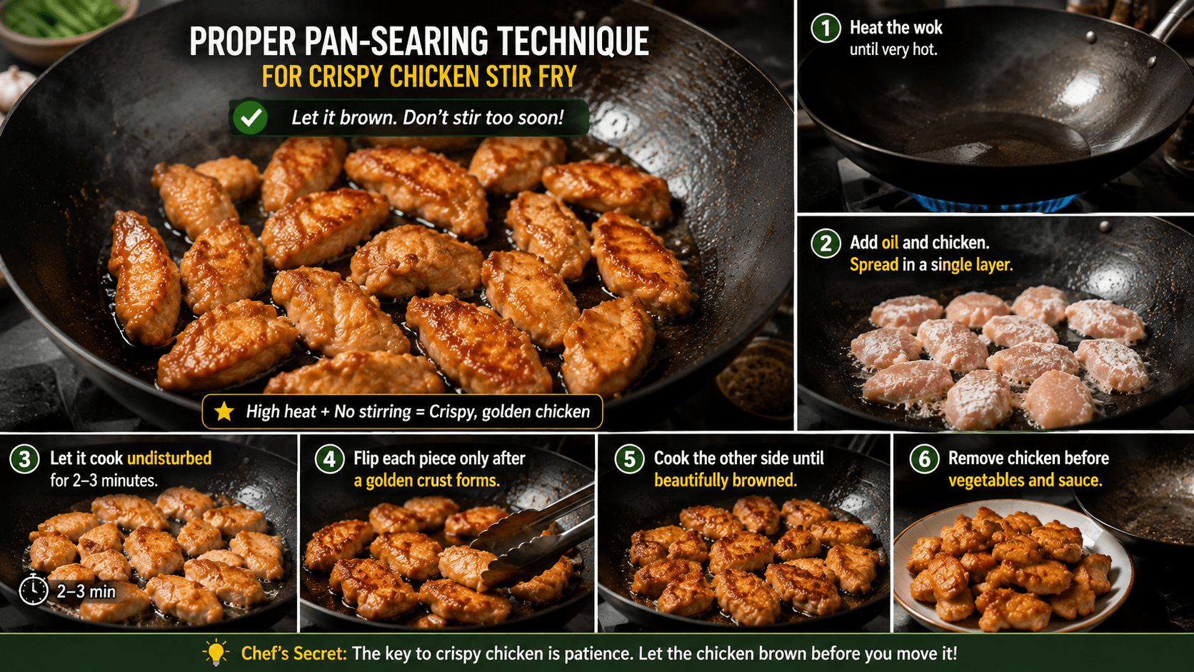 Cooking crispy chicken stir fry by letting chicken brown undisturbed in a hot wok before flipping