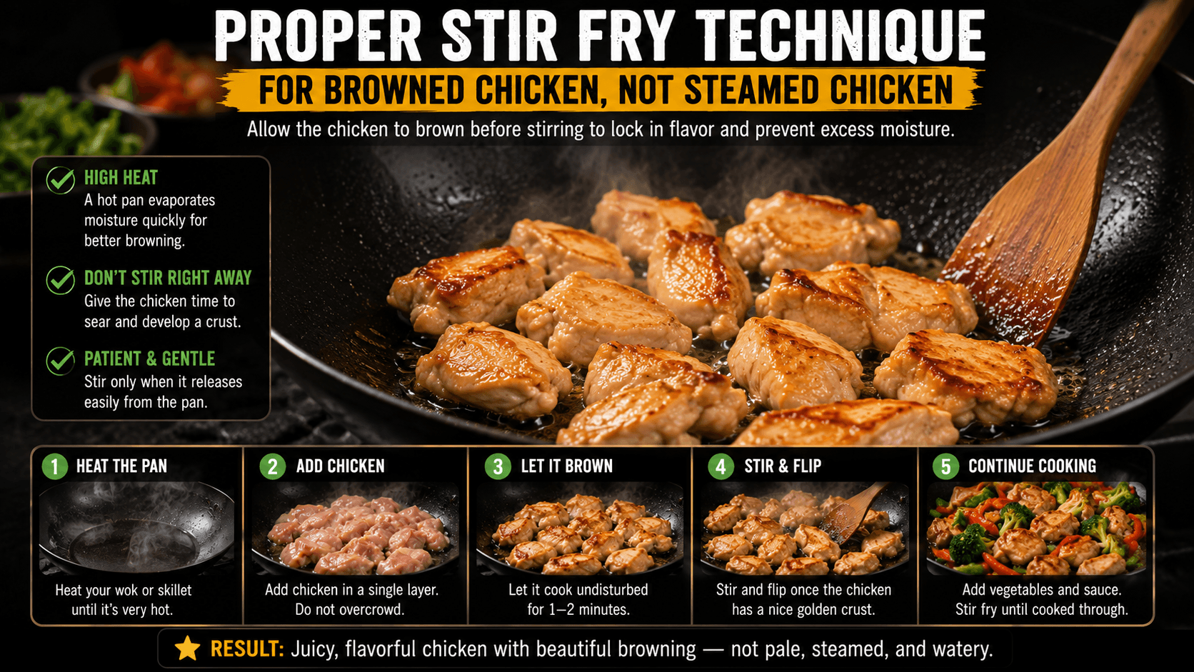 Cook allowing chicken to brown before stirring during stir fry to reduce excess moisture