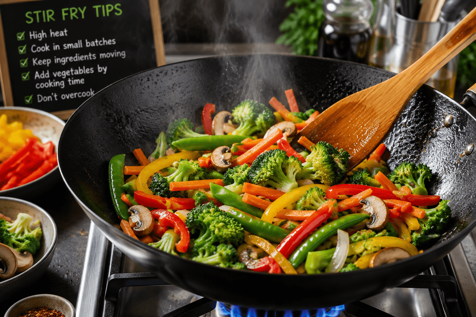 Cooking fresh and frozen vegetables in a hot wok using proper stir fry techniques for crisp tender results